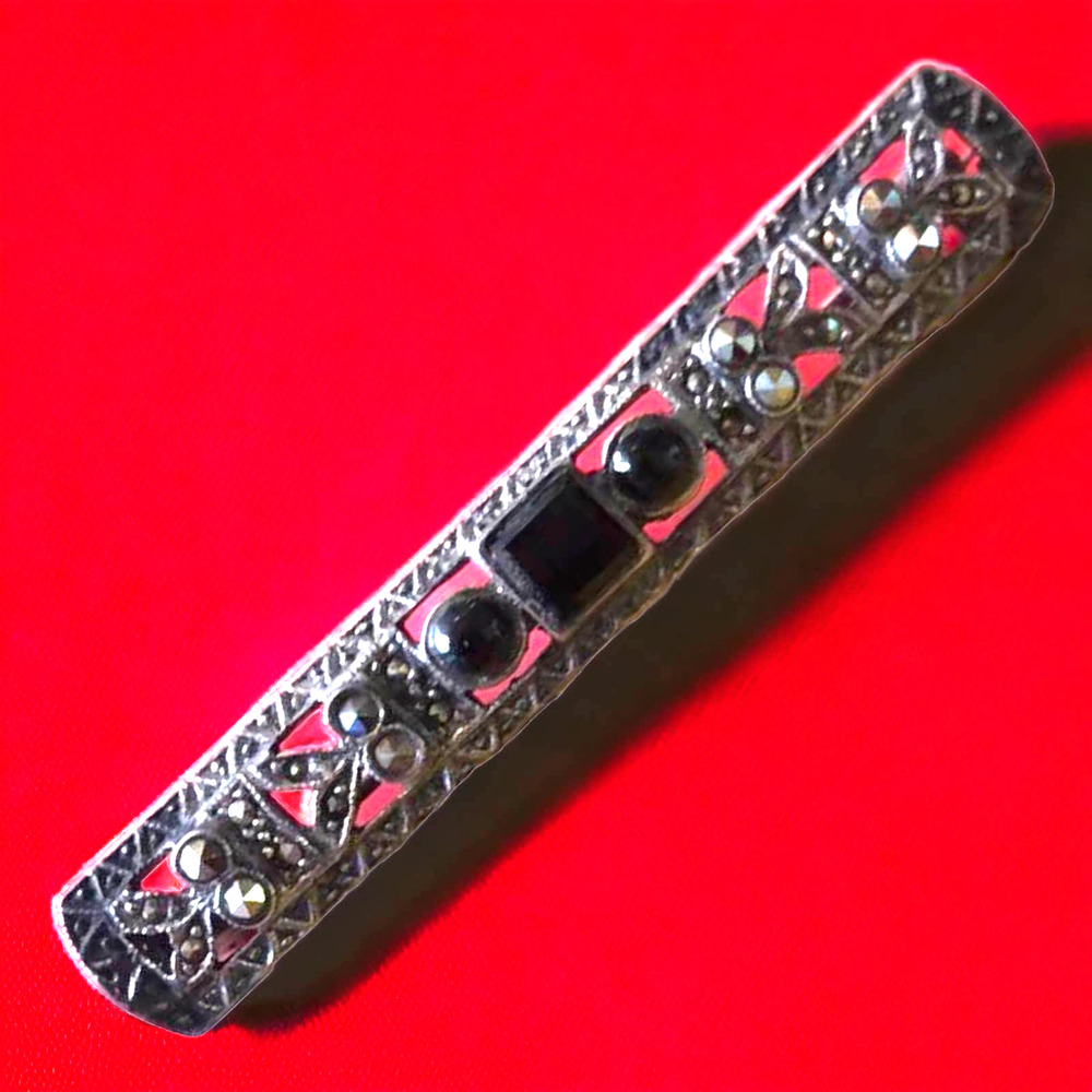 Antique Art Deco Marcasite Black Onyx Brooch!